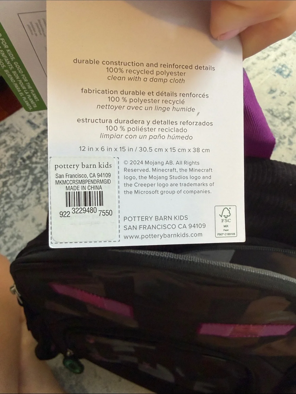 Pottery Barn Kids Black Backpack with Bright Pink Pixel Accents